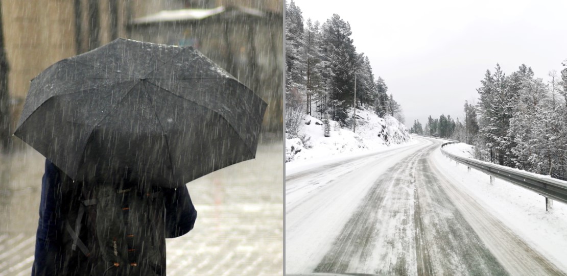 Imagen de lluvia intensa y carretera nevada