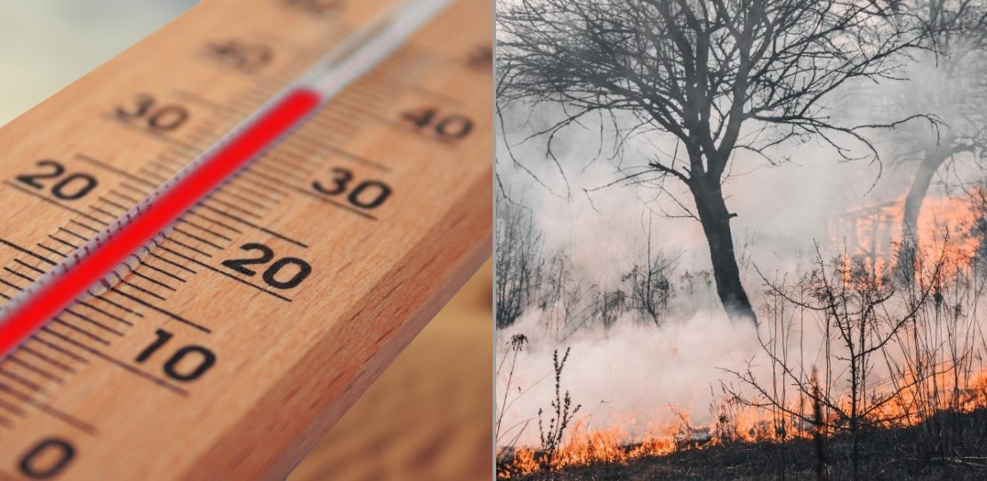 Imagen termómetro que marca 40 grados e imagen de un incendio forestal
