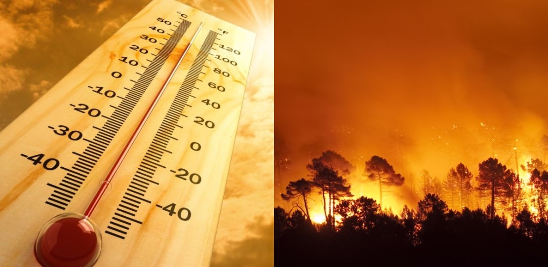 Termómetro marcando altas temperaturas e imagen de incendio forestal