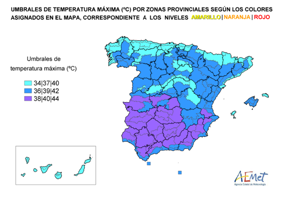 Imagen con el mapa con las temperaturas máximas UMBRALES