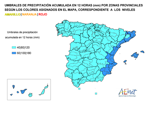 Mapa de umbrales de precipitación acumulada en 12 horas (mm)