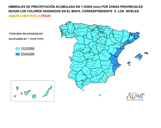 Mapa de umbrales de precipitación acumulada en 1 horas (mm)