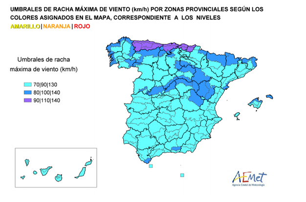 Imagen del mapa umbrales de recha de máxima de viento (km/h)