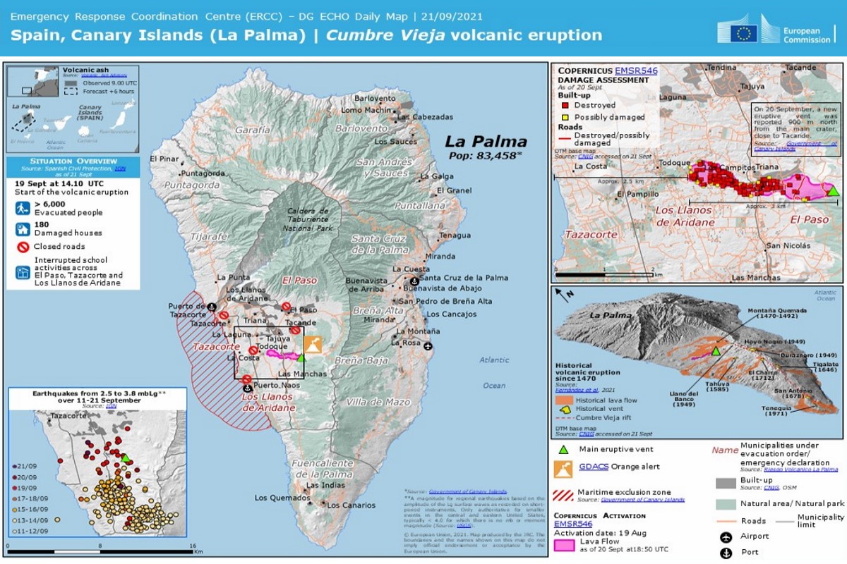Mapa de la erupción volcánica de Cumbre Vieja en La Palma 21/09/2021