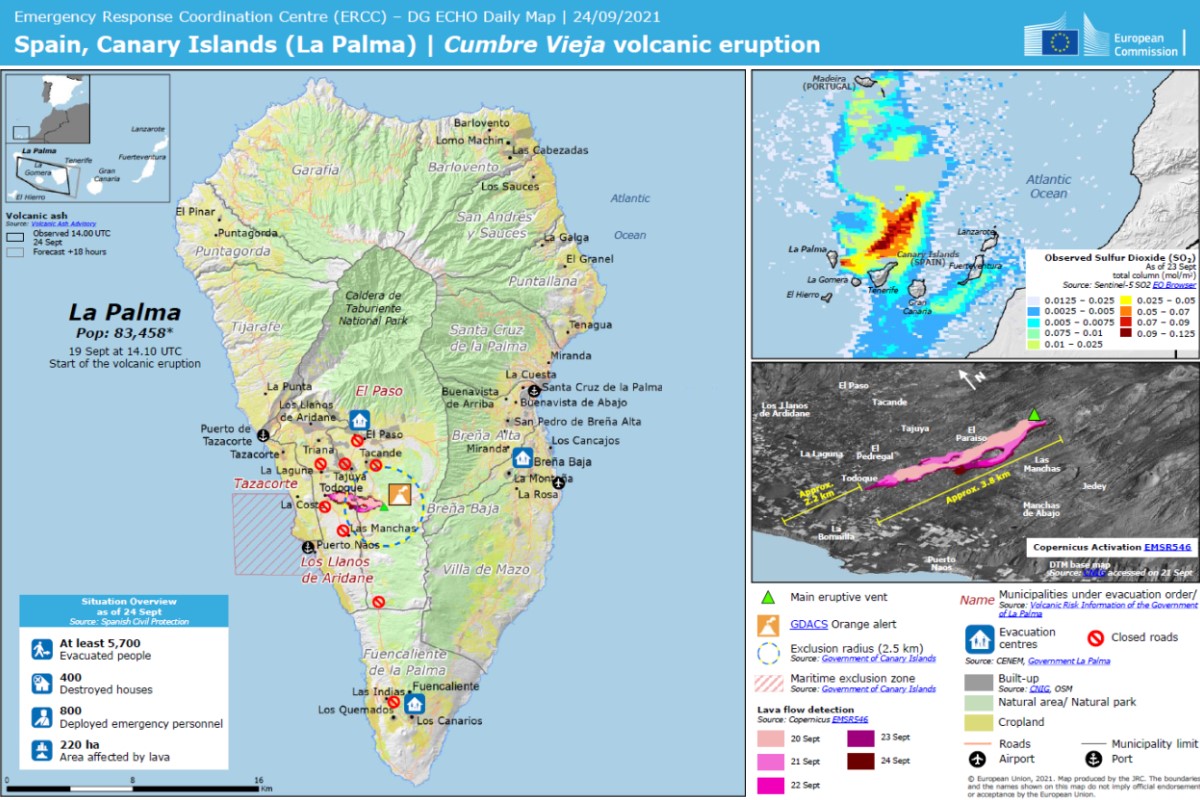 Mapa de la erupción volcánica de Cumbre Vieja en La Palma 24/092021