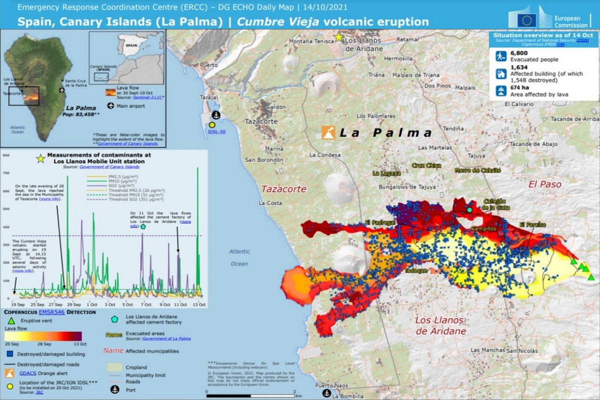 Mapa de la erupción volcánica de Cumbre Vieja en La Palma 14/10/2021