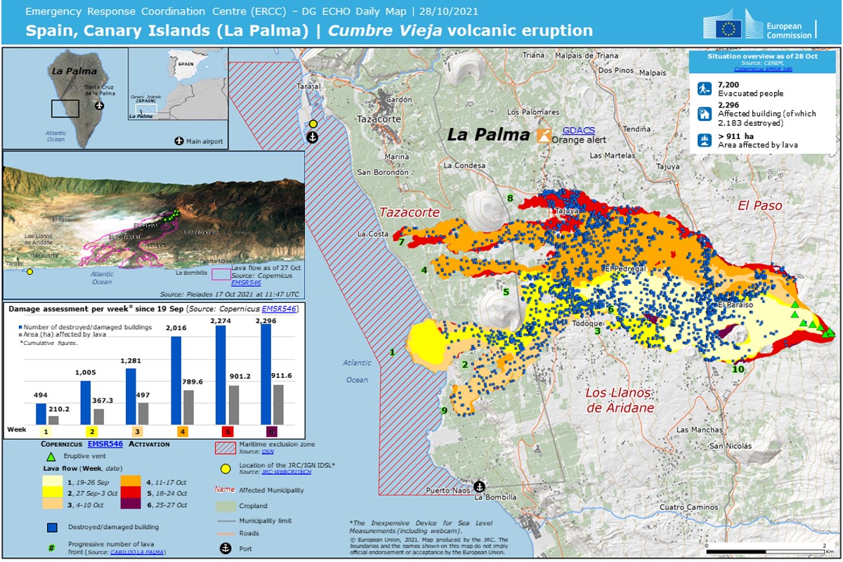 Mapa de la erupción volcánica de Cumbre Vieja en La Palma 28/10/2021