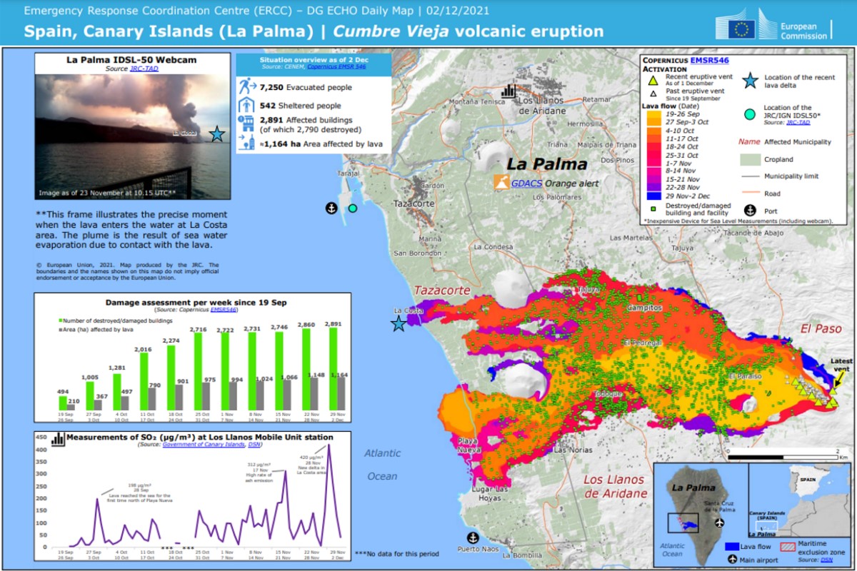 Mapa de la erupción volcánica de Cumbre Vieja en La Palma 02/12/2021