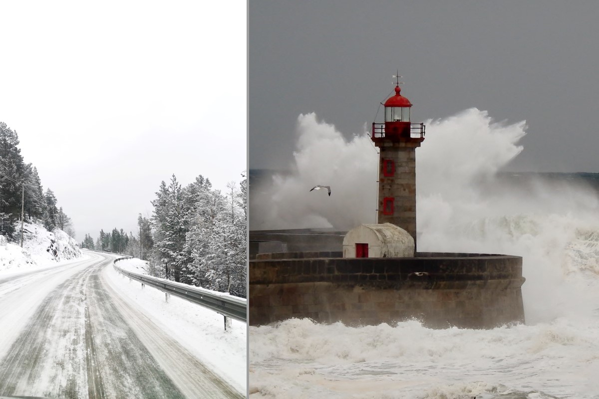 Carretera con nieve y fuerte oleaje en la costa